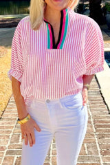Striped Print Contrast Split Neck Dolman Sleeve Blouse OutfitFlow