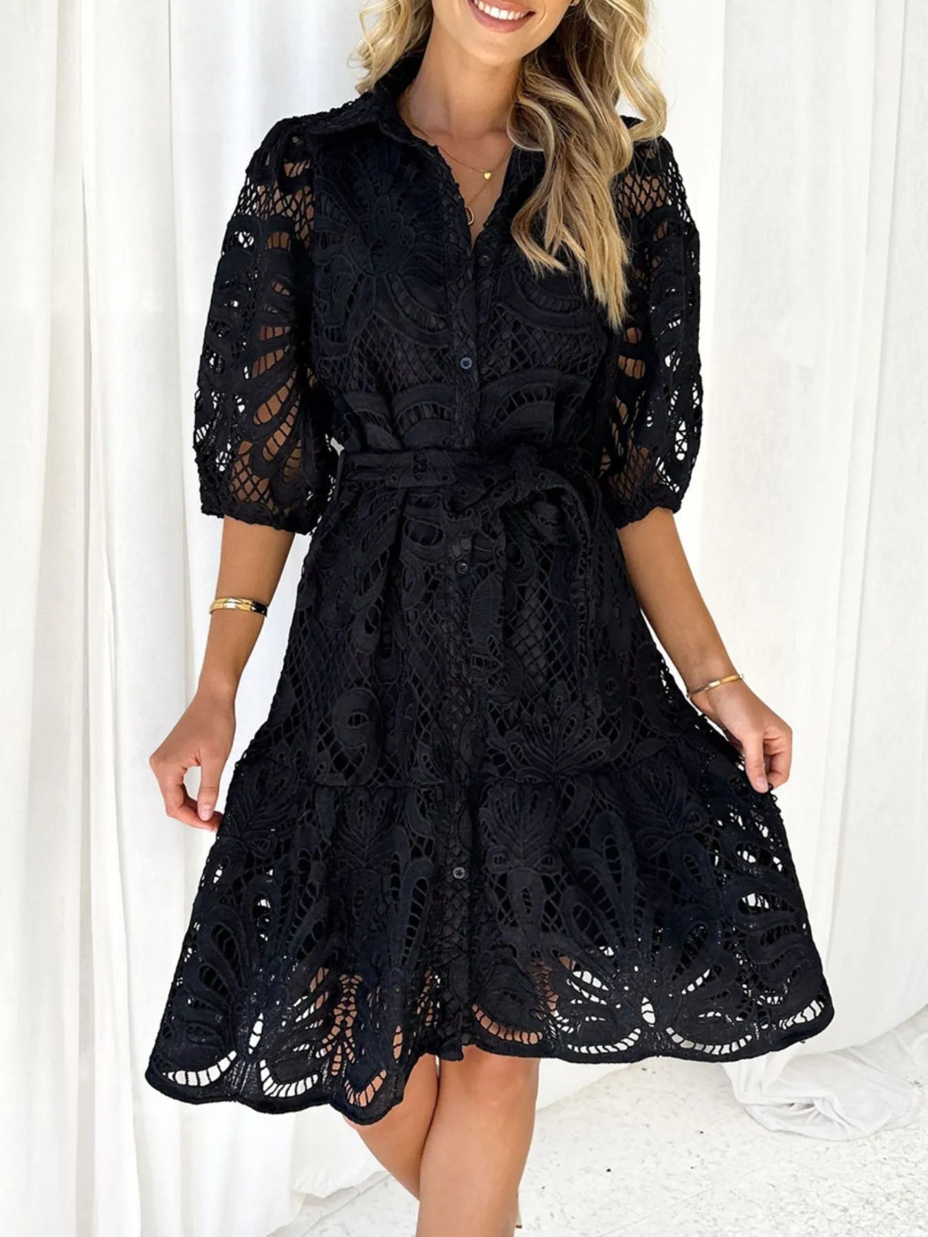 Lace Tie Waist Half Sleeve Dress Noirnoir OutfitFlow