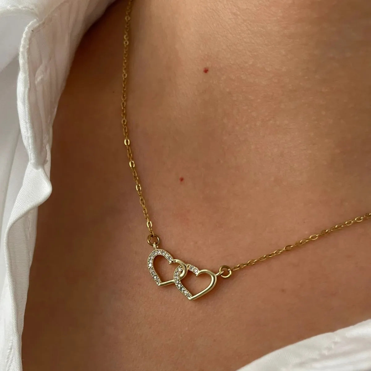 18K Gold-Plated Double Heart Inlaid Zircon Necklace Gold One Size OutfitFlow
