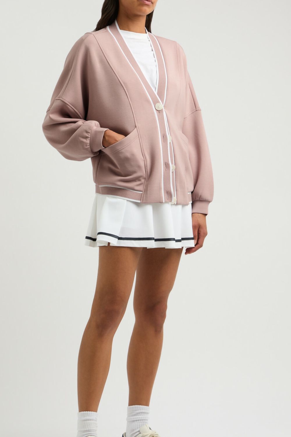 Contrast Trim V Neck Button Up Cardigan OutfitFlow
