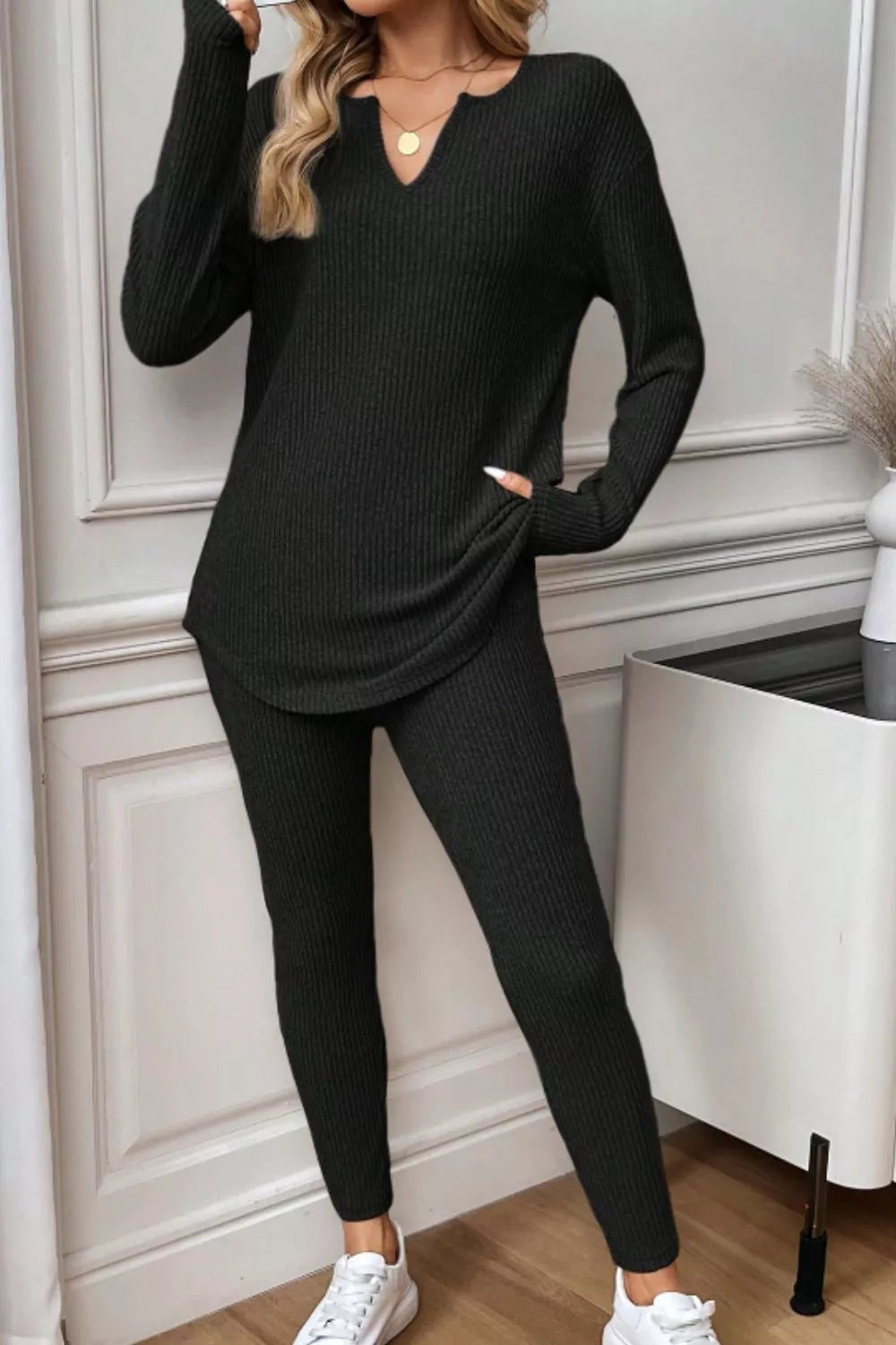 Notched Long Sleeve Top & Pants Set Black OutfitFlow