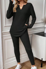 Notched Long Sleeve Top & Pants Set Black OutfitFlow