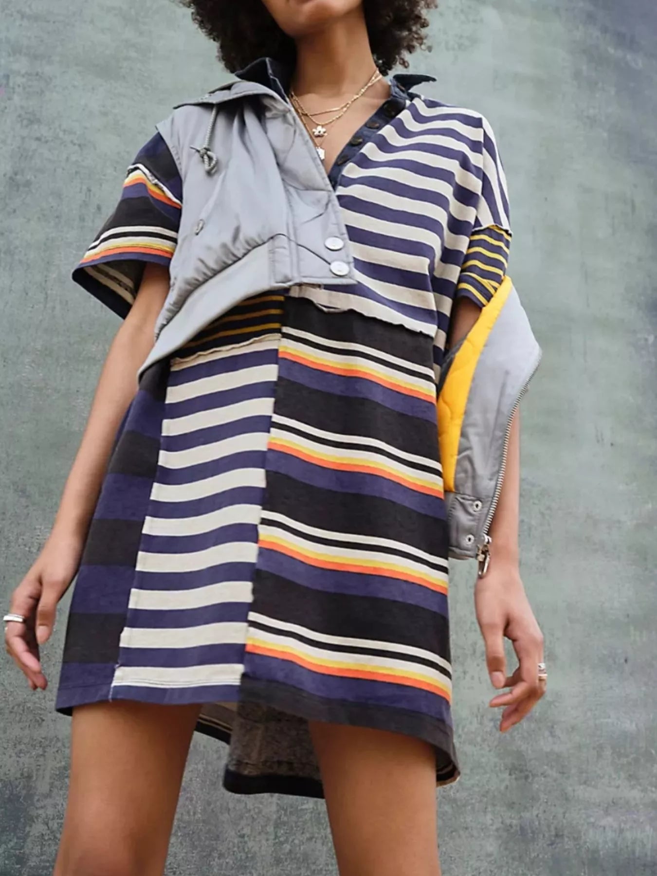 Striped Oversized Half Button Shirt Dress OutfitFlow