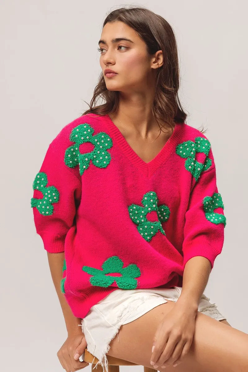 BiBi Pearl Beads Flowers Sweater Top OutfitFlow