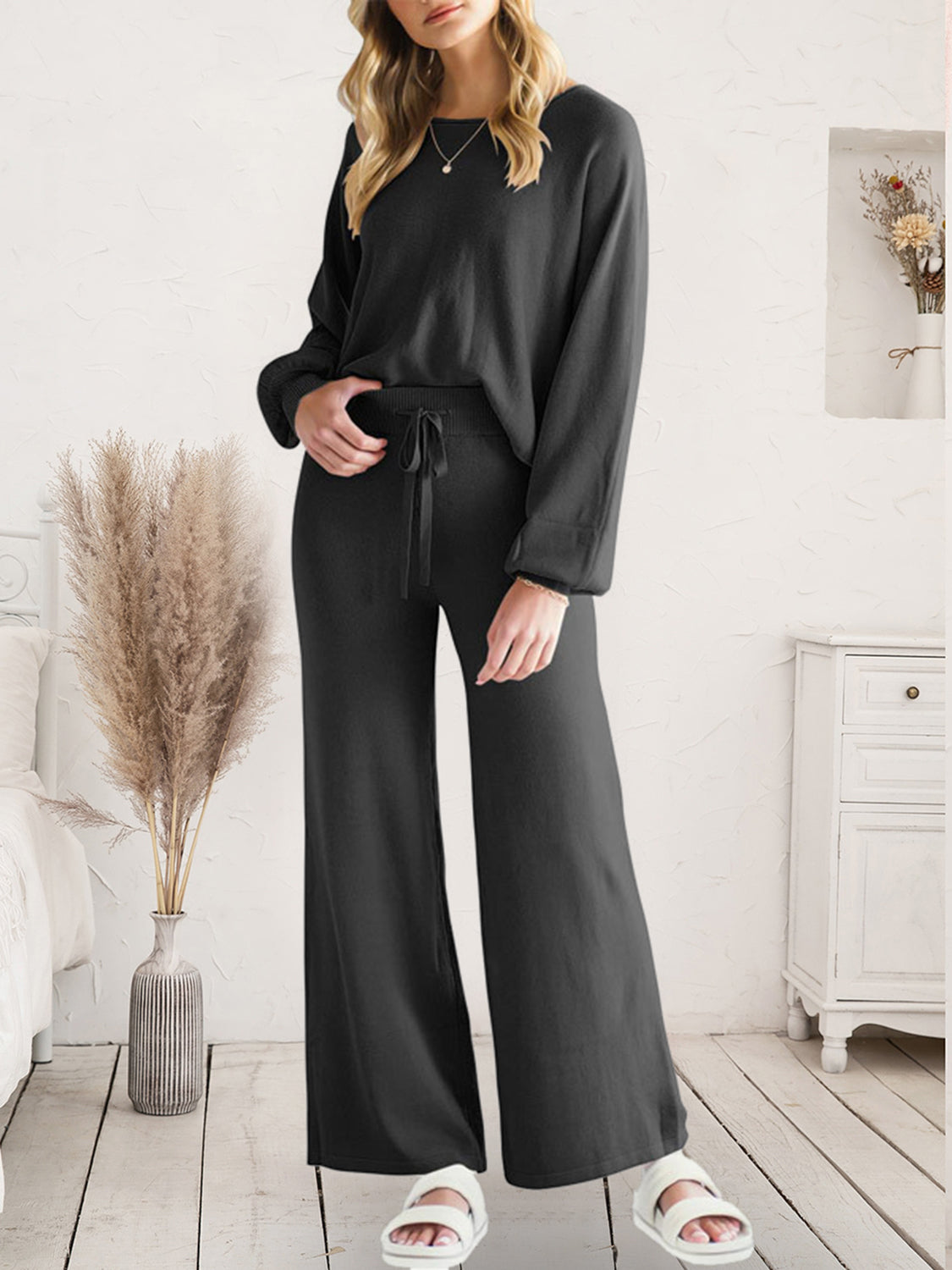 Outfit Flow - Long Sleeve Lounge Top and Drawstring Pants Set