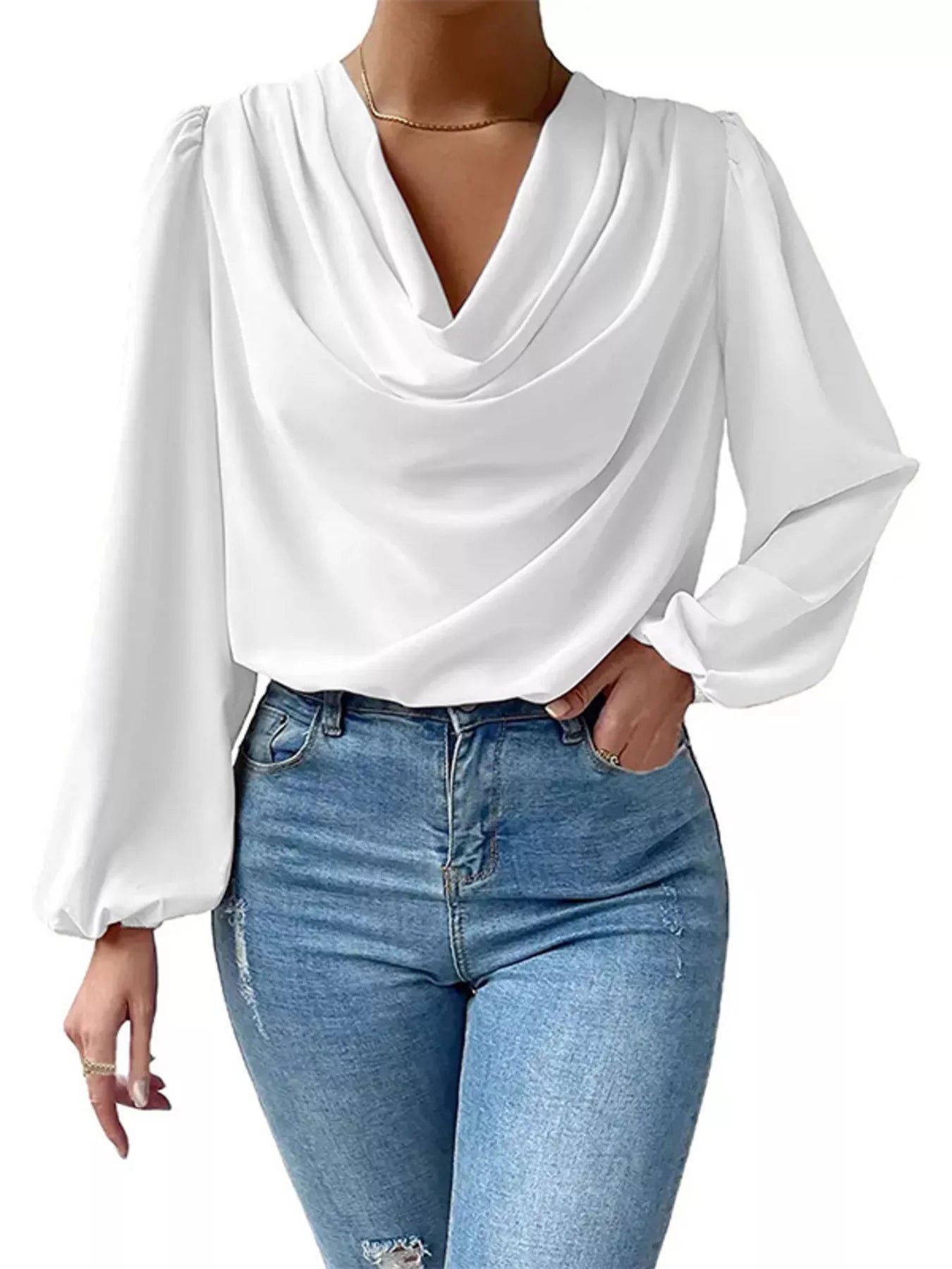 Full Size Cowl Neck Balloon Sleeve Blouse Plus Size OutfitFlow