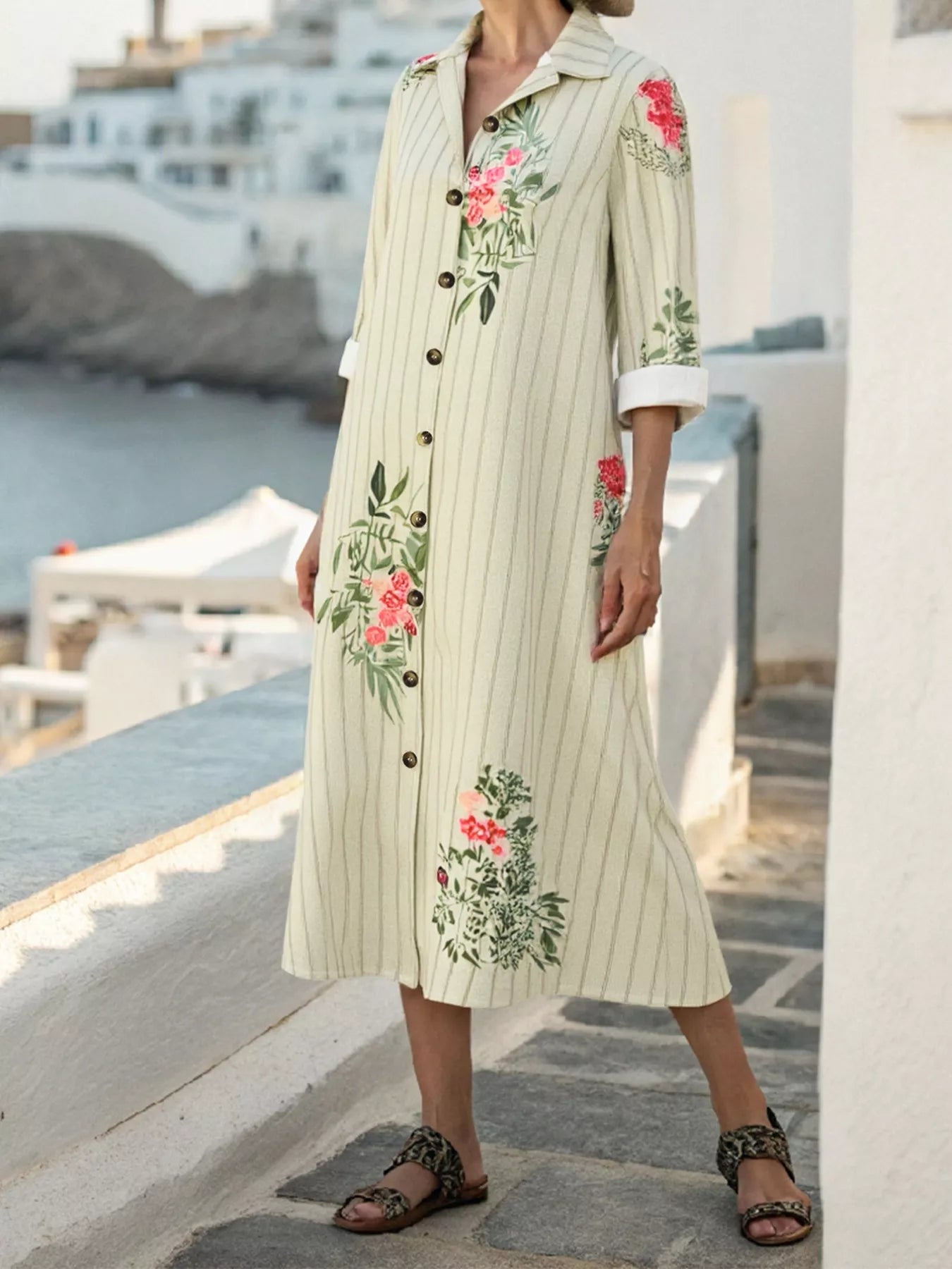 Plus Size Floral Striped Button-Down Midi Shirt Dress OutfitFlow