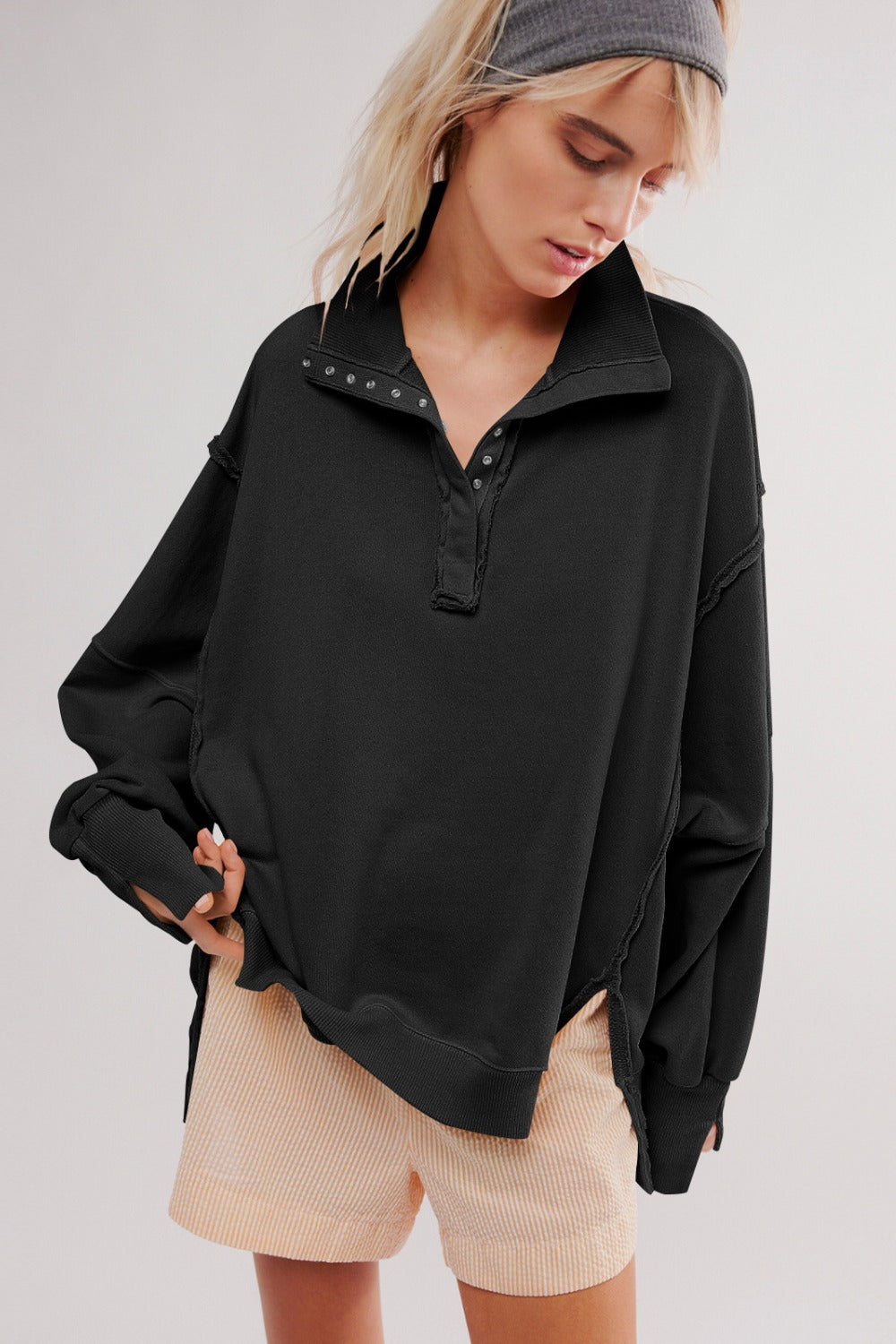 Outfit Flow - Exposed Seam Side Slit Long Sleeve Sweatshirt