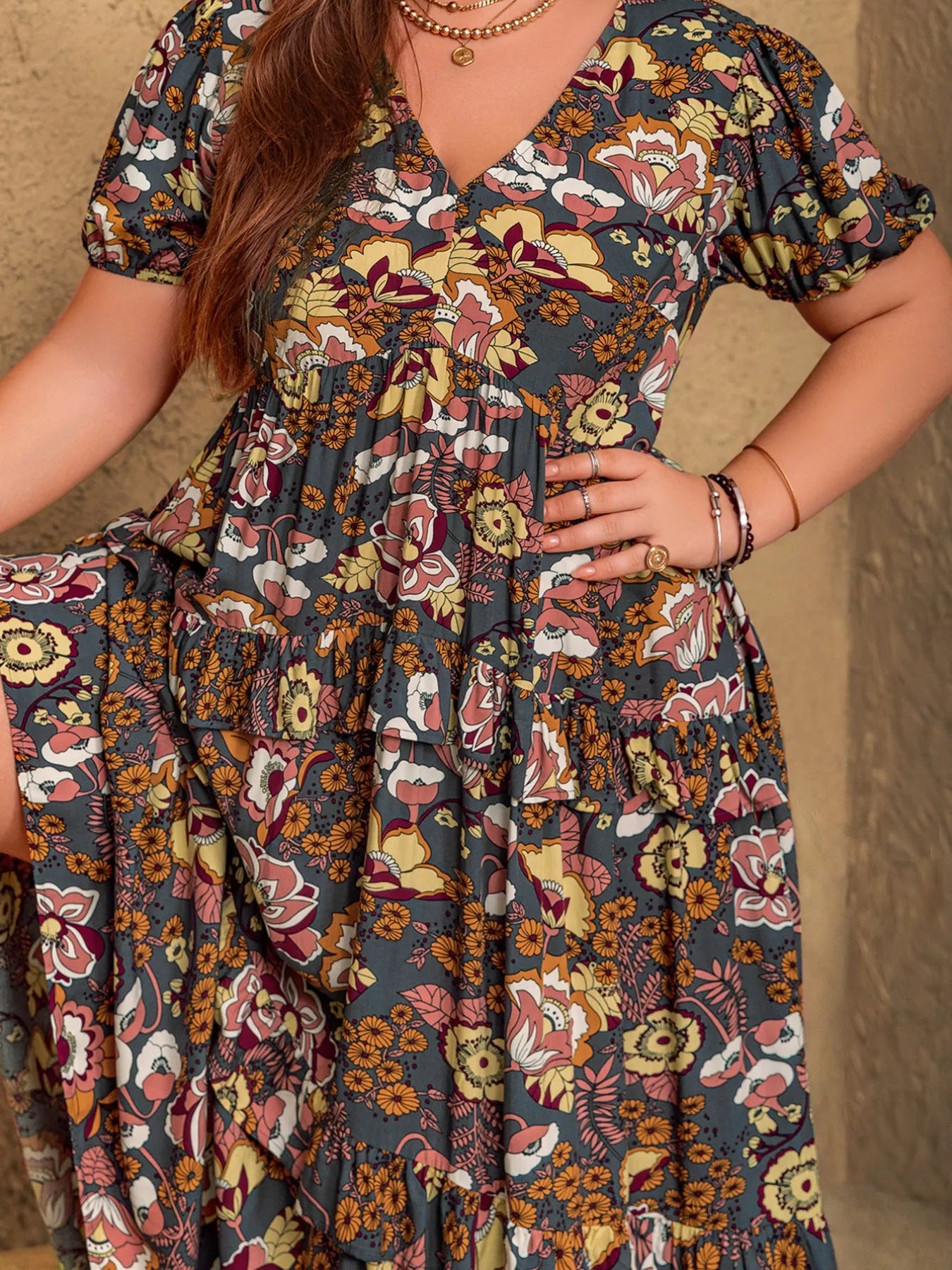 Plus Size V-Neck Short Sleeve Midi Dress OutfitFlow