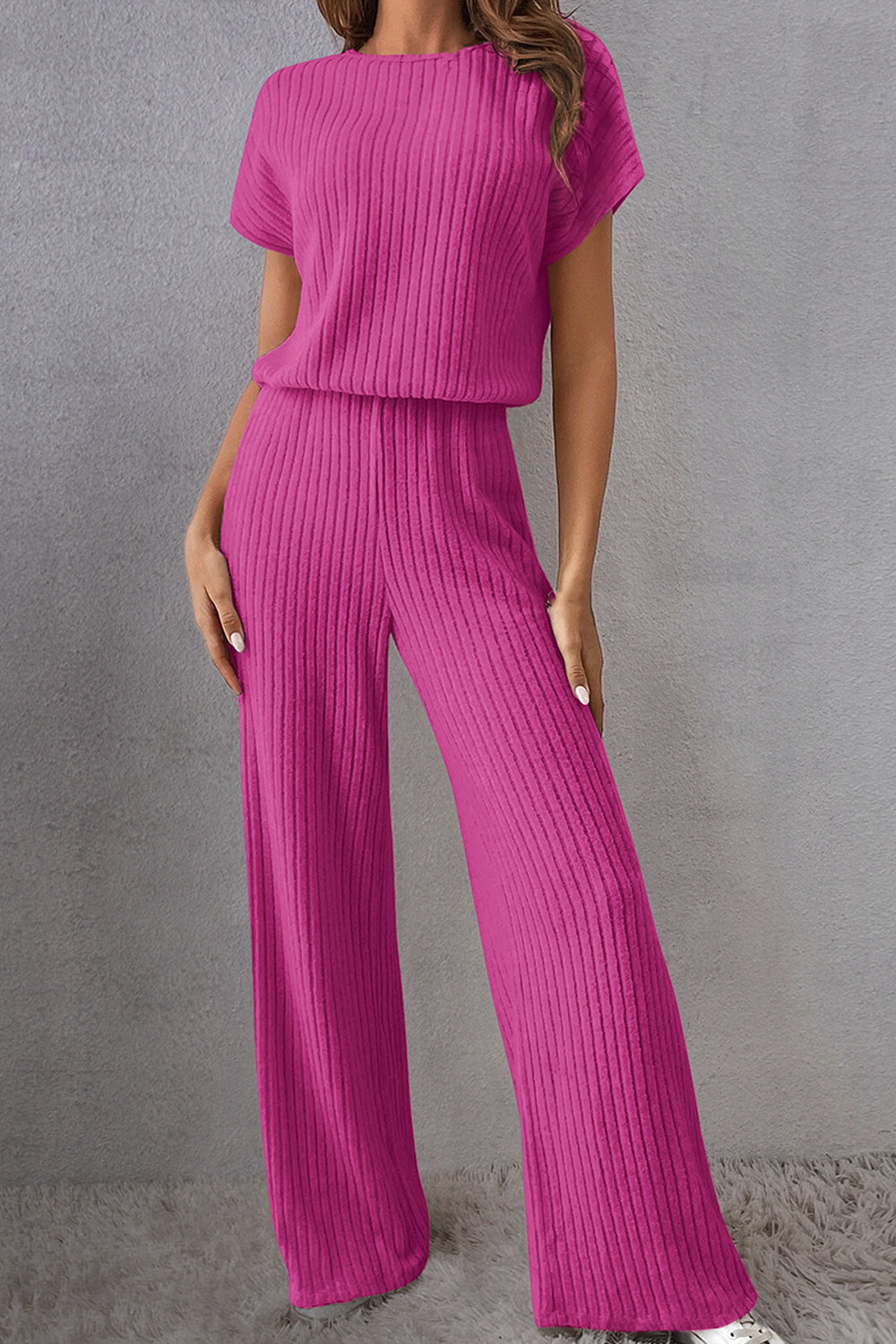 Round Neck Short Sleeve Jumpsuit Hot Pink OutfitFlow