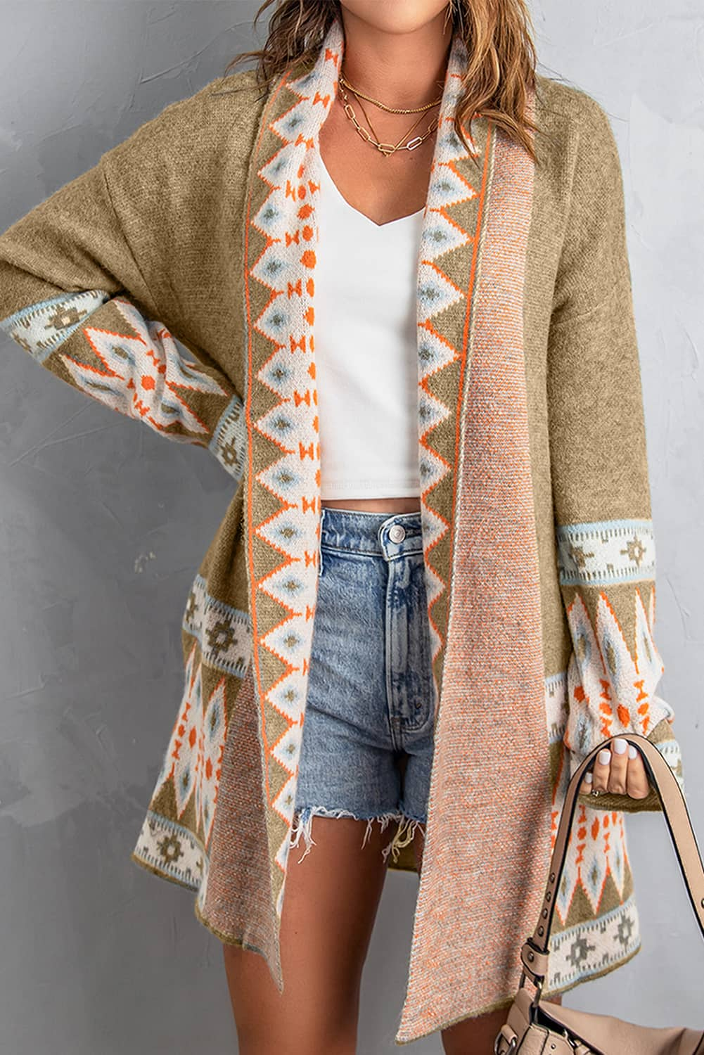 Outfit Flow - Geometric Open Front Long Sleeve Cardigan