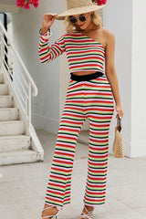 Striped Single Shoulder Top and Pants Knit Set