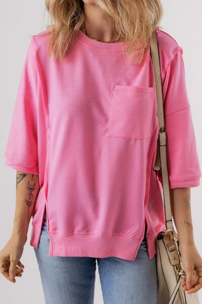 Exposed Seam Side Slit Round Neck Top Pink OutfitFlow