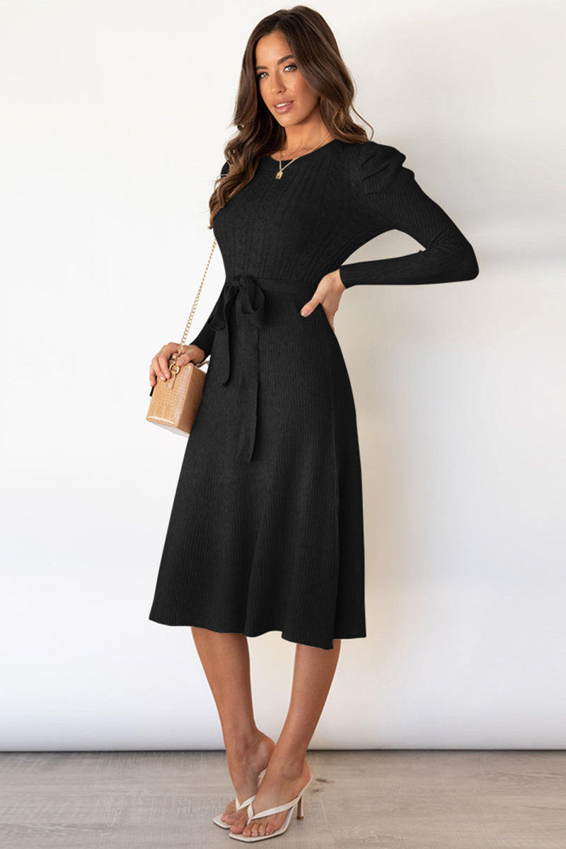 Outfit Flow - Round Neck Long Sleeve Tie Waist Sweater Dress