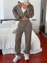 Casual Zipper Front Sweatshirt & Drawstring Pants Set OutfitFlow