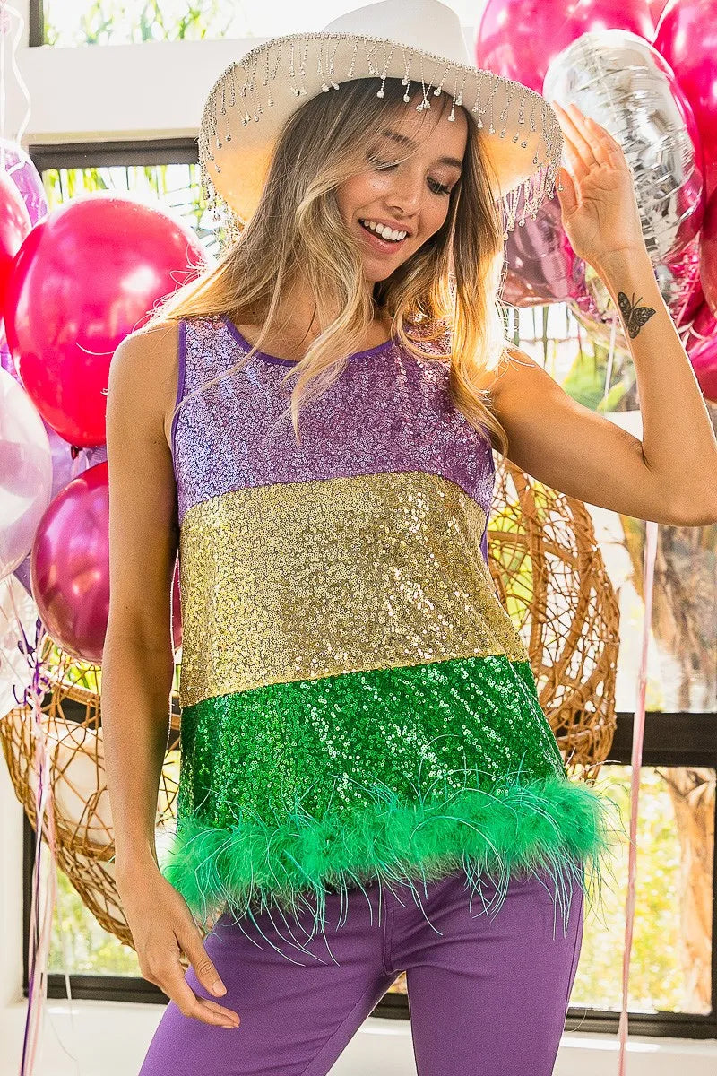 BiBi Mardi Gras Color Block Faux Feather Hem Sequin Top OutfitFlow