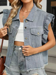 Ruffled Raw Hem Button Up Denim Jacket OutfitFlow