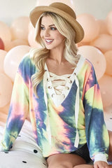 BiBi Tie Dye Deep V-Neck Top with Lace Up Front OutfitFlow