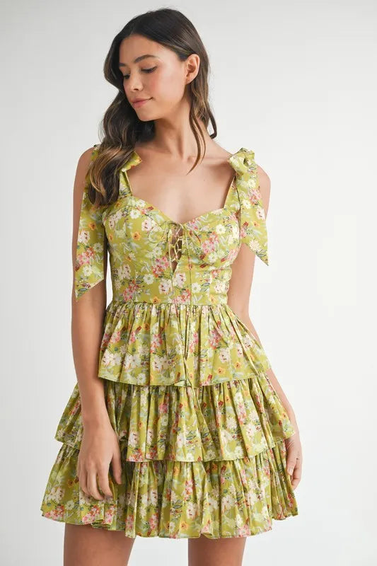 MABLE Floral Print Shoulder Tie Layered Mini Dress OutfitFlow