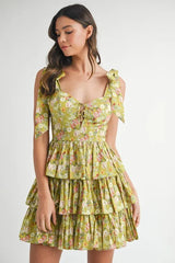 MABLE Floral Print Shoulder Tie Layered Mini Dress OutfitFlow
