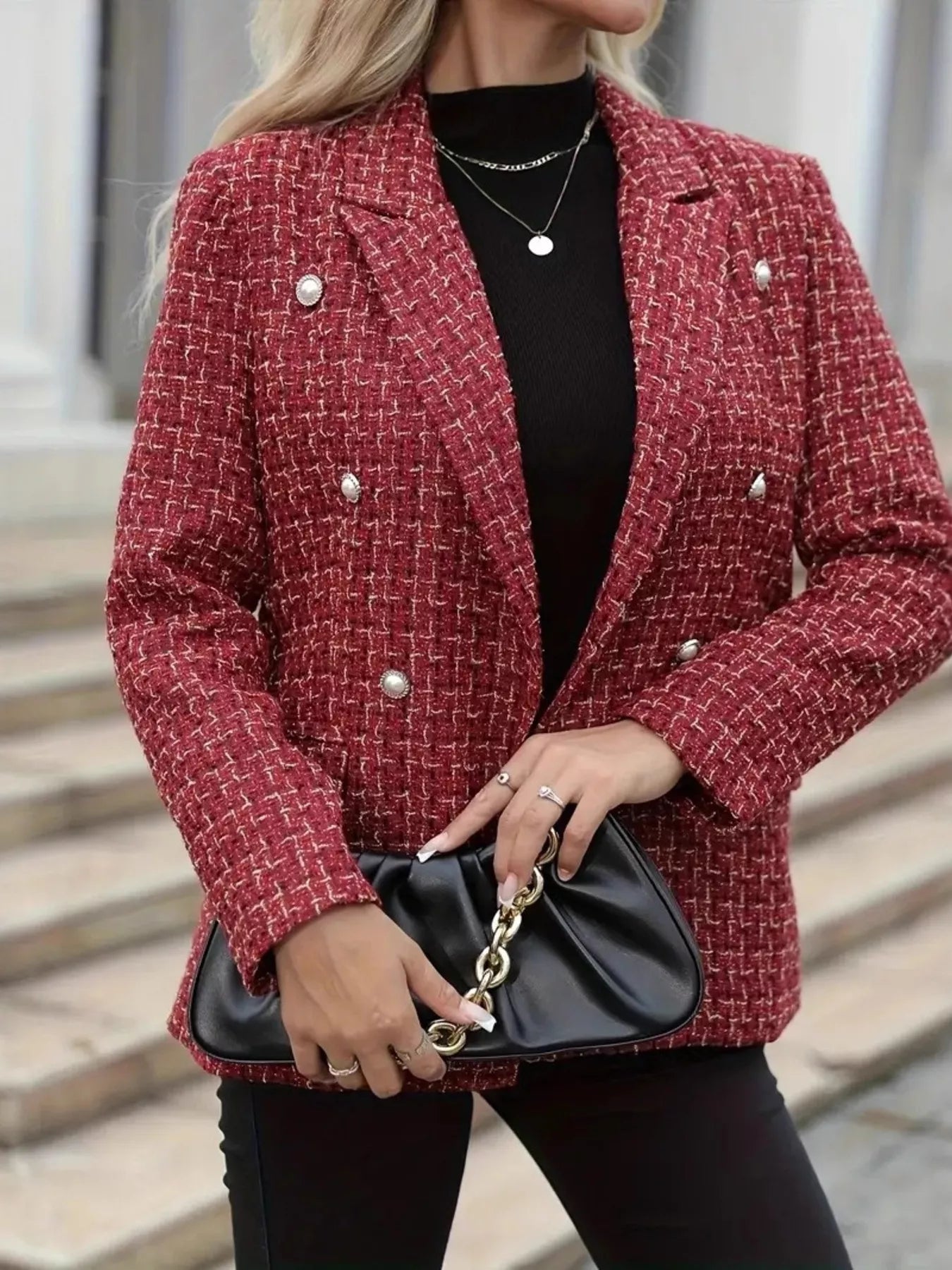 Plaid Double-Breasted Tweed Blazer Trendsi