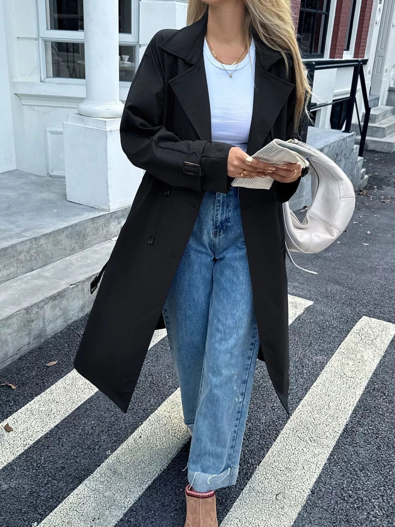 Double-Breasted Belted Trench Coat Trendsi