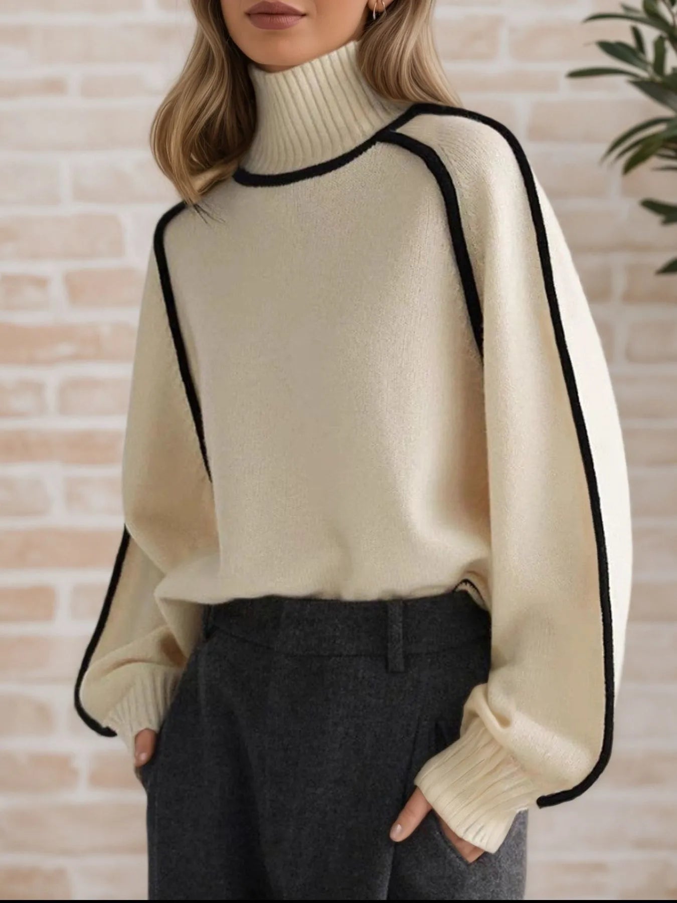Contrast Trim Turtleneck Sweater OutfitFlow