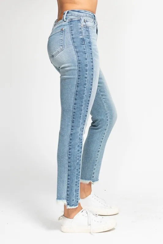 Judy Blue Full Size Vintage Wash Side Panel Detail with Fray Hem Slim Plus Size OutfitFlow