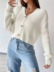 Ribbed Knit Button-Up Cropped Cardigan OutfitFlow