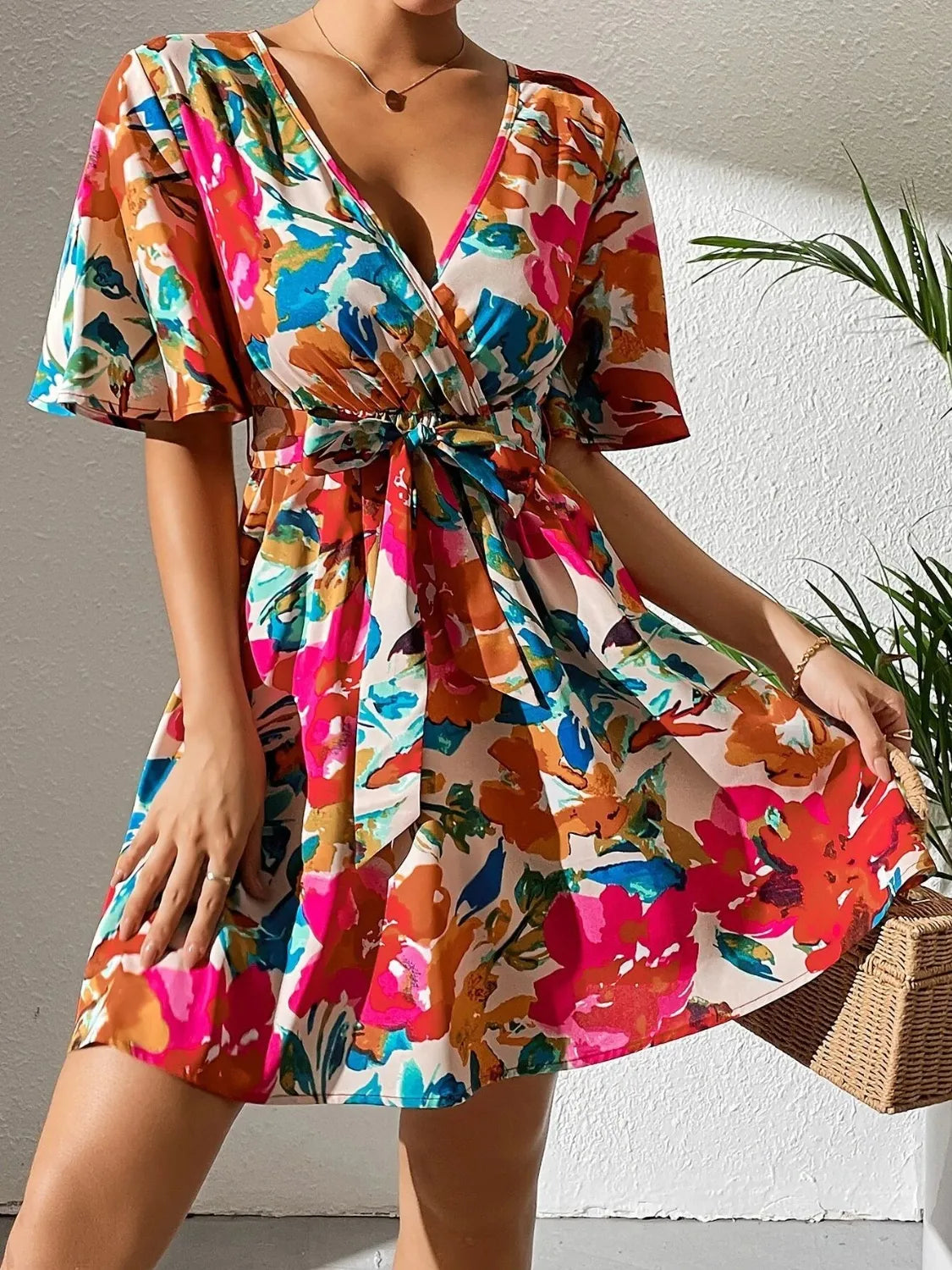 Printed Surplice Short Sleeve Mini Dress OutfitFlow
