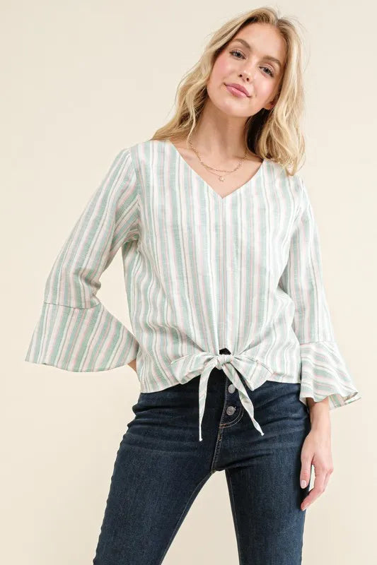 And The Why Stripe Tie Knot Front Bell Sleeve Top OutfitFlow