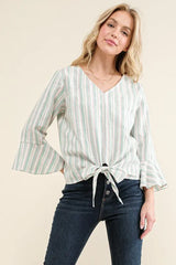 And The Why Stripe Tie Knot Front Bell Sleeve Top OutfitFlow