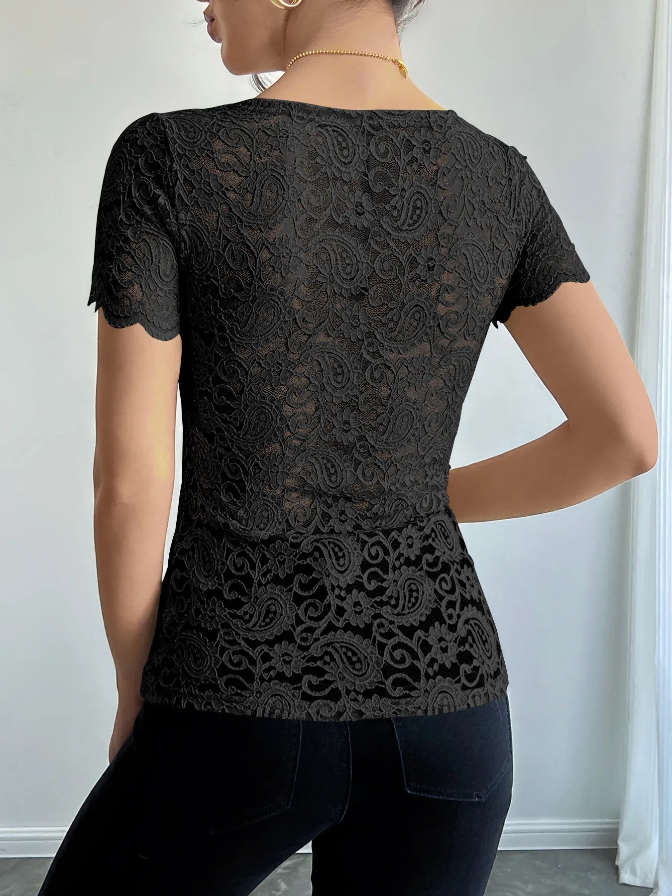 Floral Lace Square Neck T-Shirt OutfitFlow