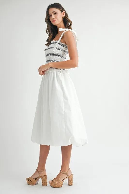 MABLE Smocked Bodice Bubble Midi Dress OutfitFlow