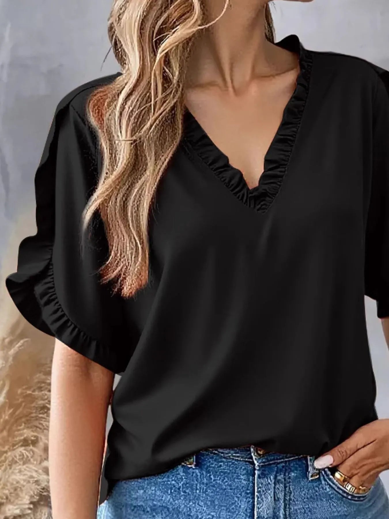Ruffled V-Neck Short Sleeve Blouse OutfitFlow