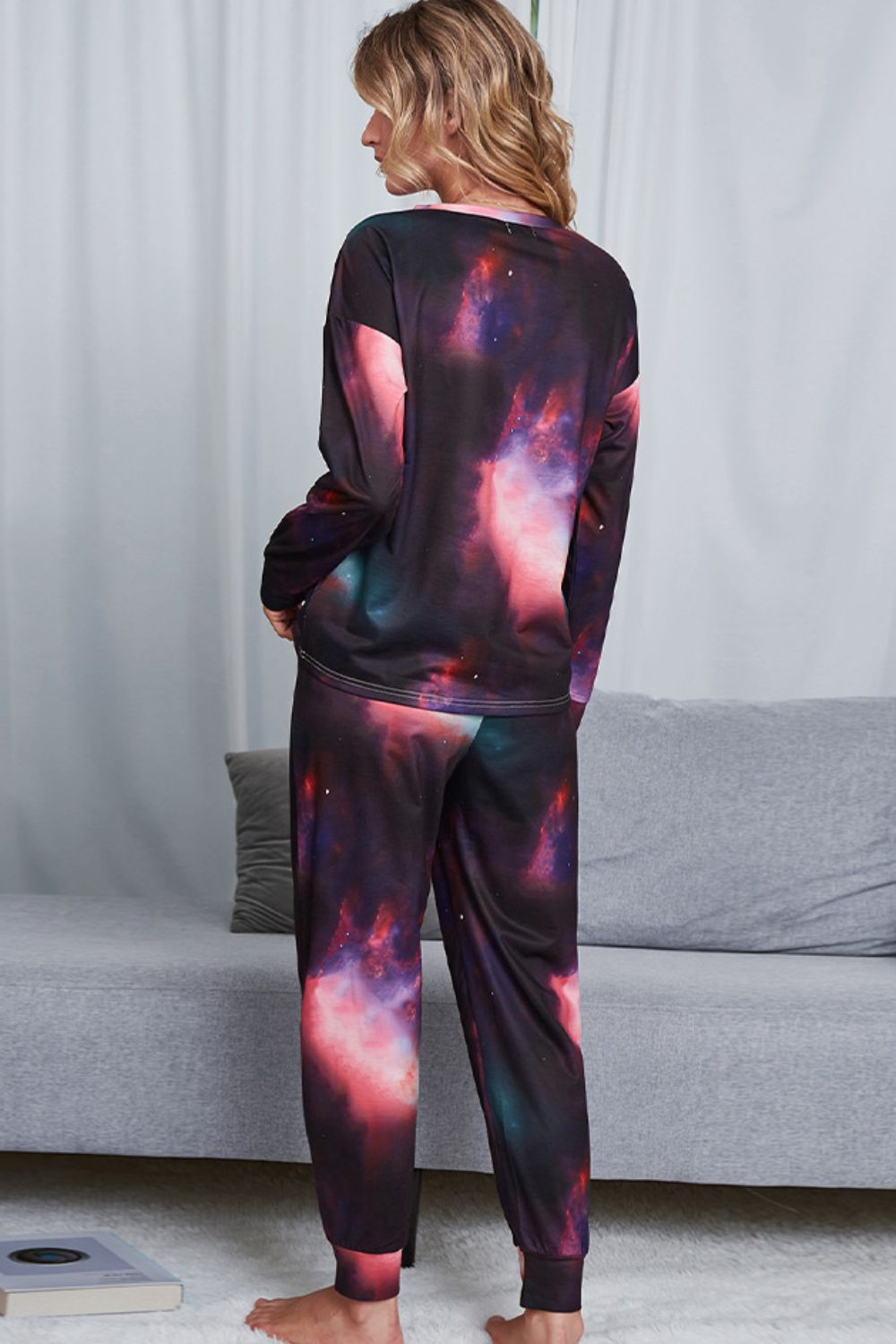 Outfit Flow - Shiny Tie-Dye Crewneck Top and Drawstring Waist Joggers Lounge Set