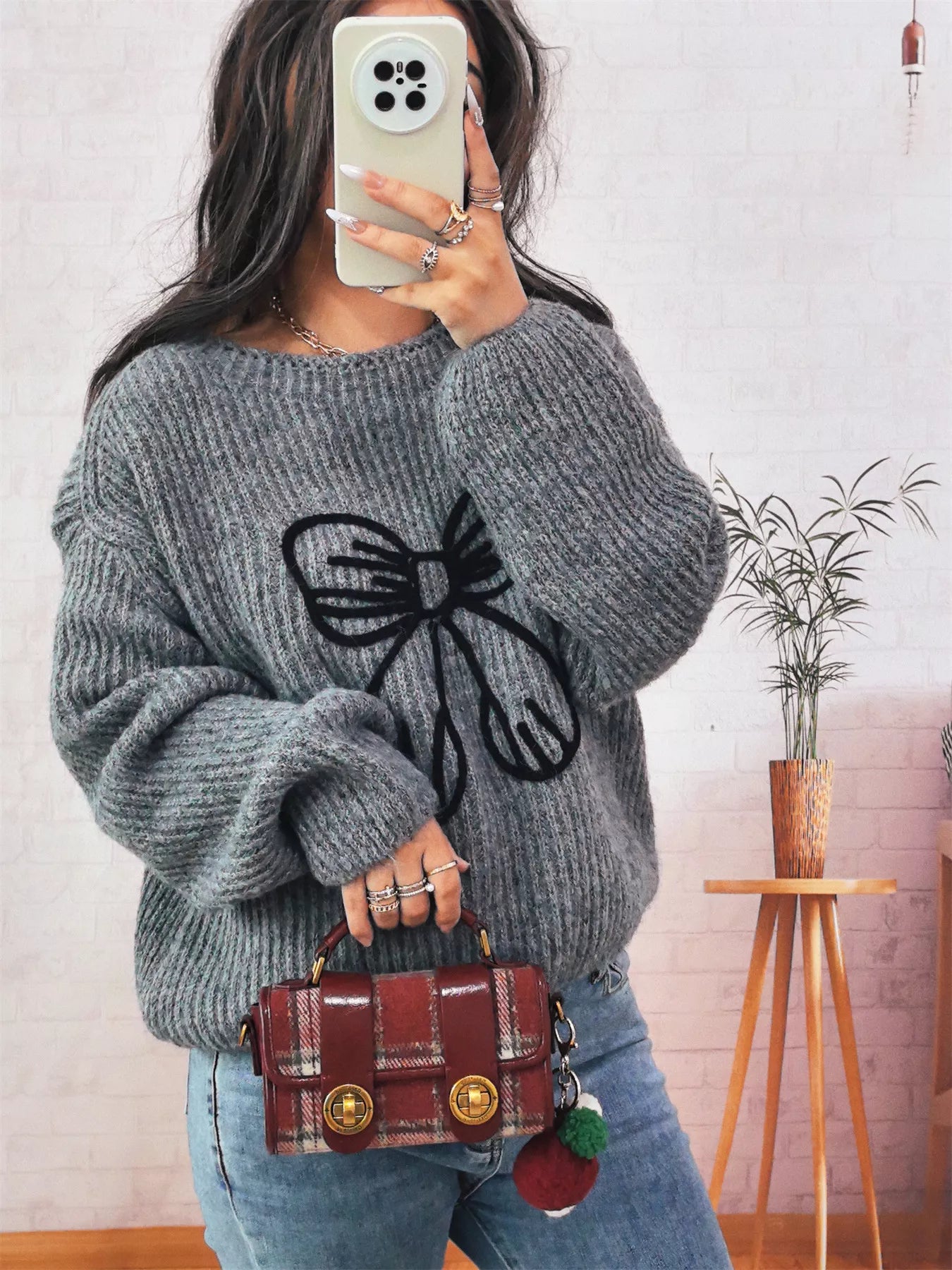 Bow Round Neck Long Sleeve Sweater OutfitFlow