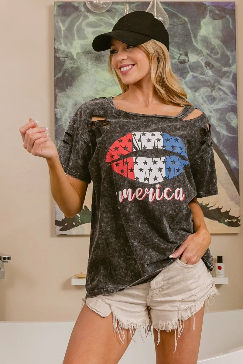 BiBi Laser Cut Mineral Washed Old Glory Lip Print Top OutfitFlow