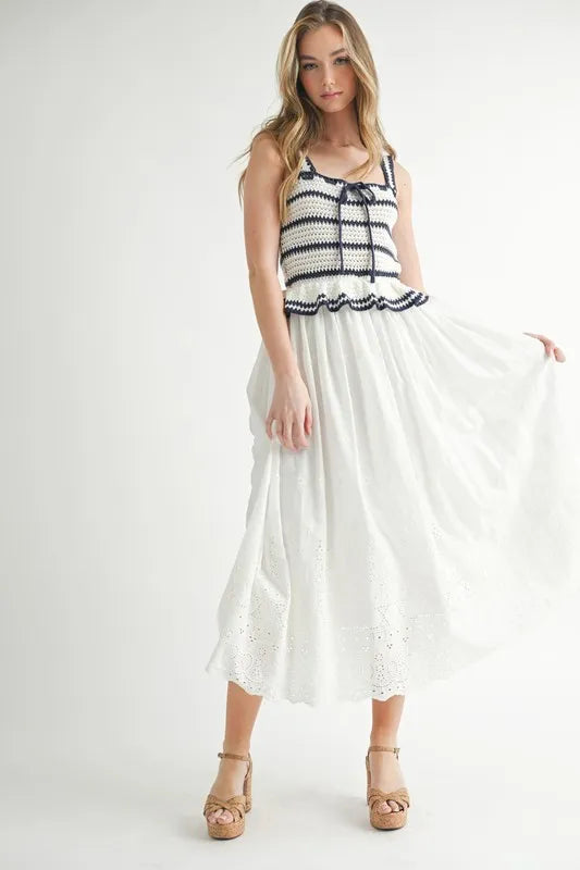 MABLE Crochet Stripe Knit Eyelet Mix Midi Dress Off White OutfitFlow