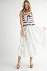 MABLE Crochet Stripe Knit Eyelet Mix Midi Dress Off White OutfitFlow