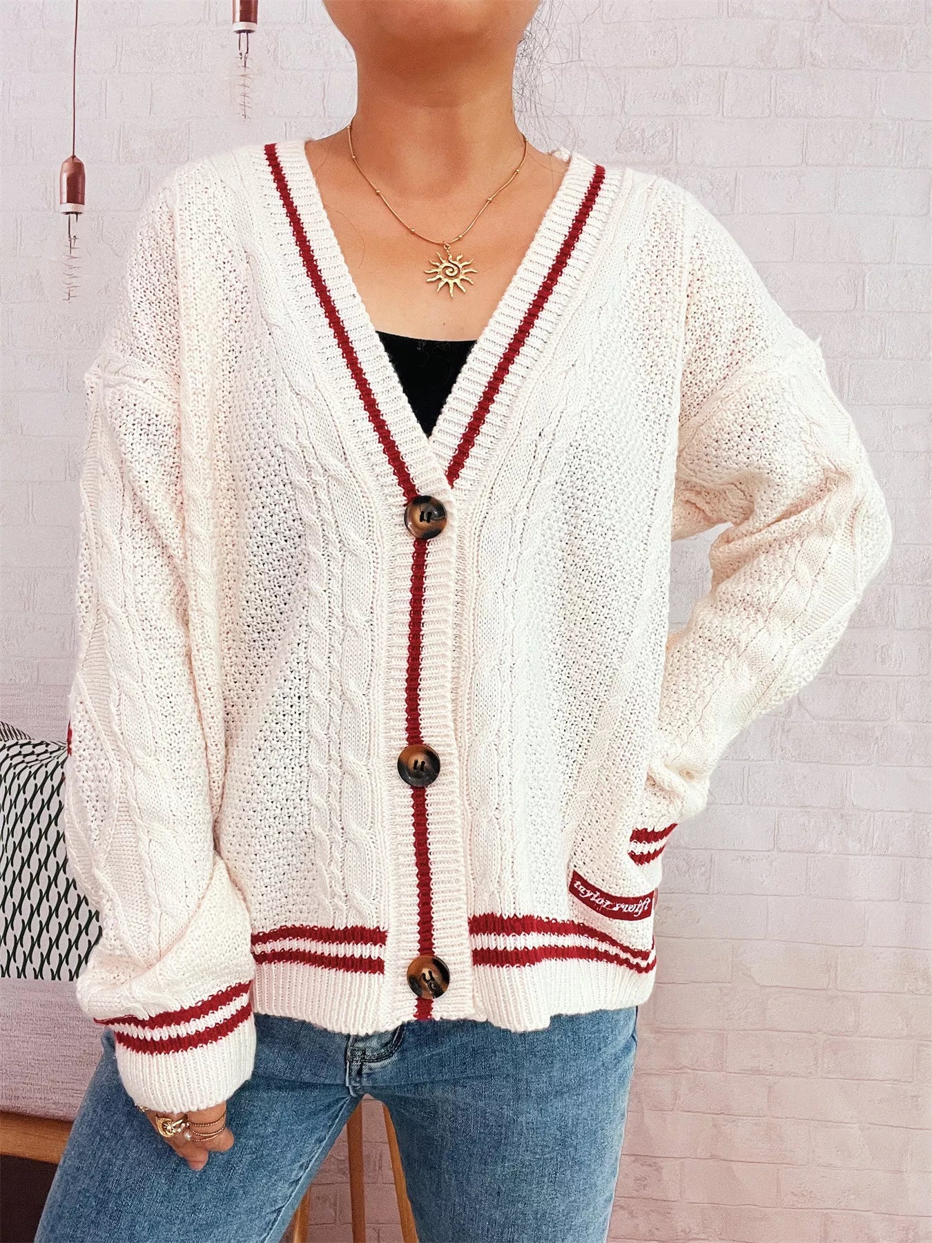 Star Pattern Button-Up Cardigan with Contrast Trim Deep Red One Size OutfitFlow