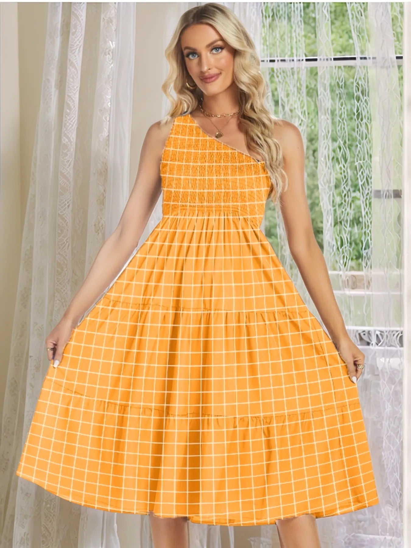 One-Shoulder Tiered Midi Dress with Smocked Bodice Yellow Plaid OutfitFlow