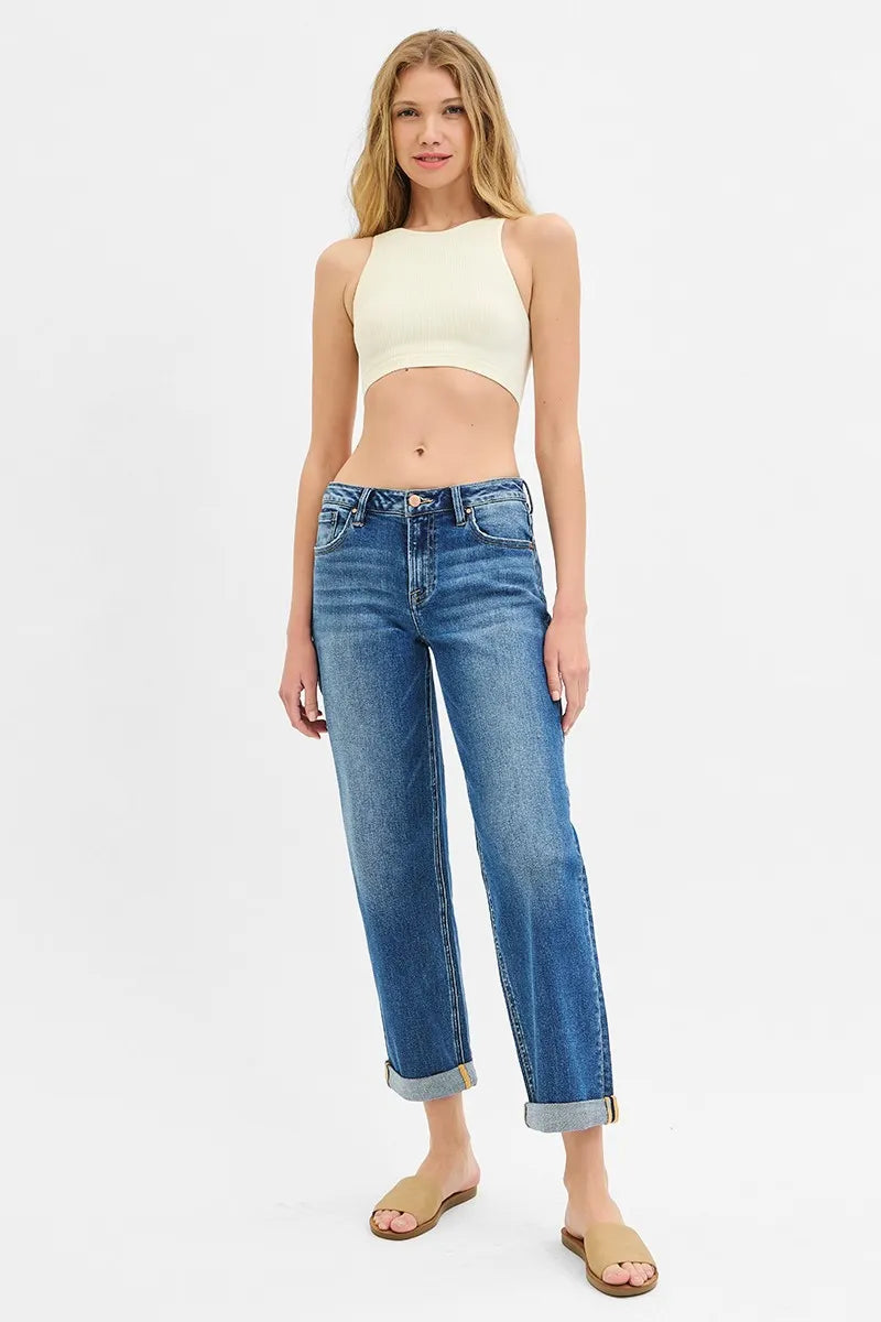 RISEN Full Size Mid Rise Boyfriend Roll Up Jeans Plus Size OutfitFlow