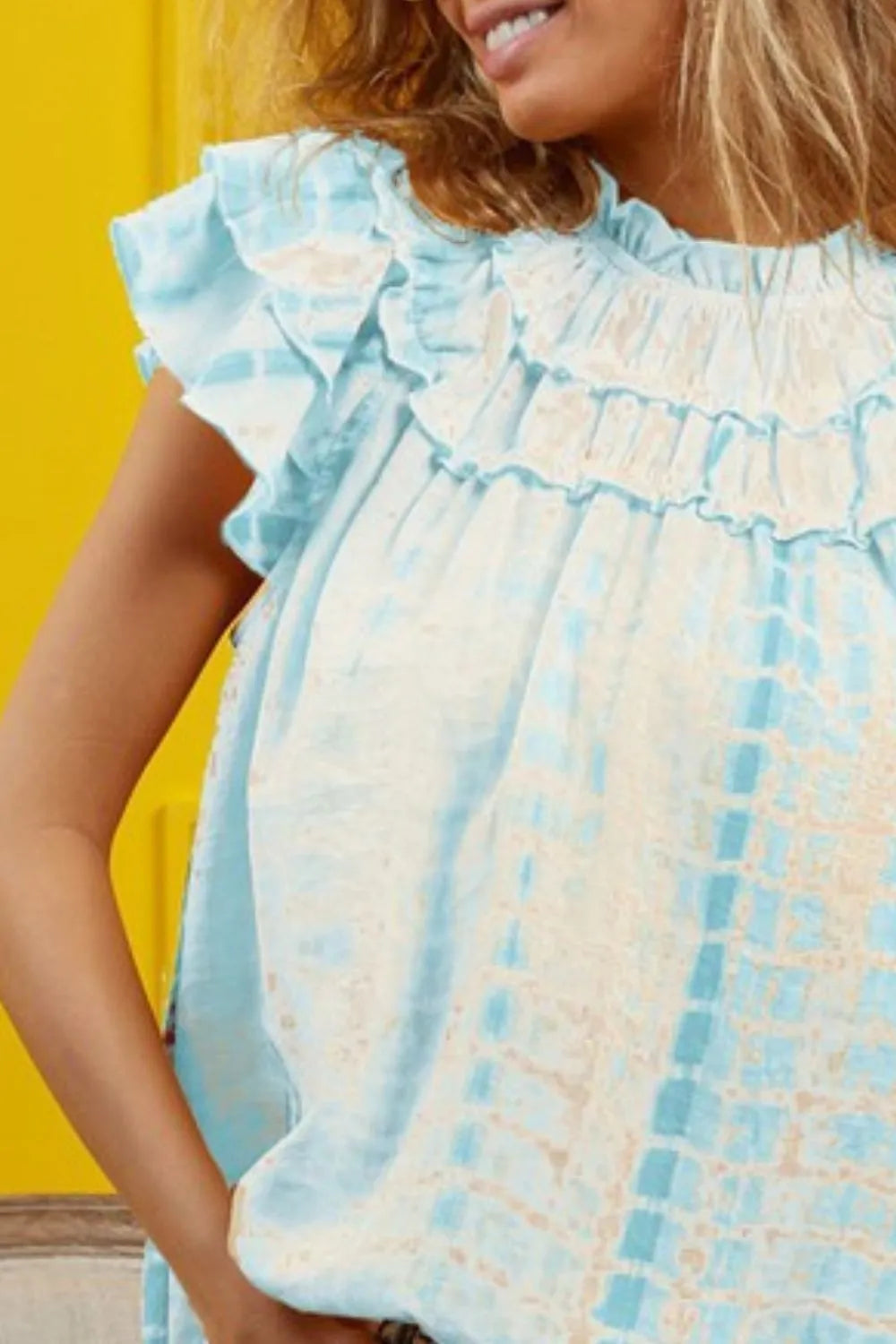 BiBi Tiered Ruffle Neck Tie Dye Top OutfitFlow