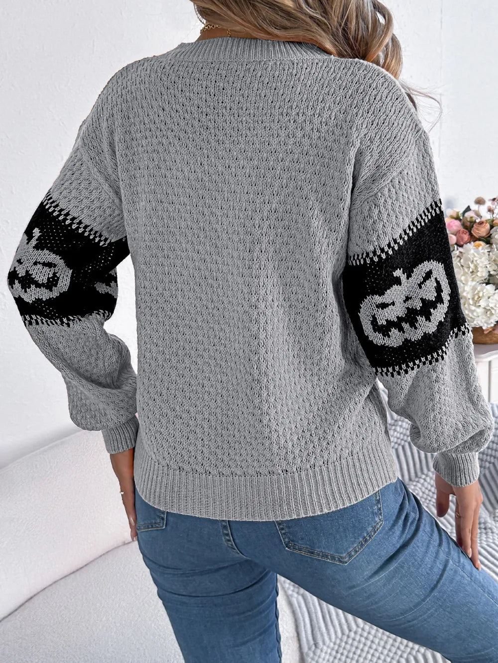 Pumpkin Round Neck Long Sleeve Sweater OutfitFlow