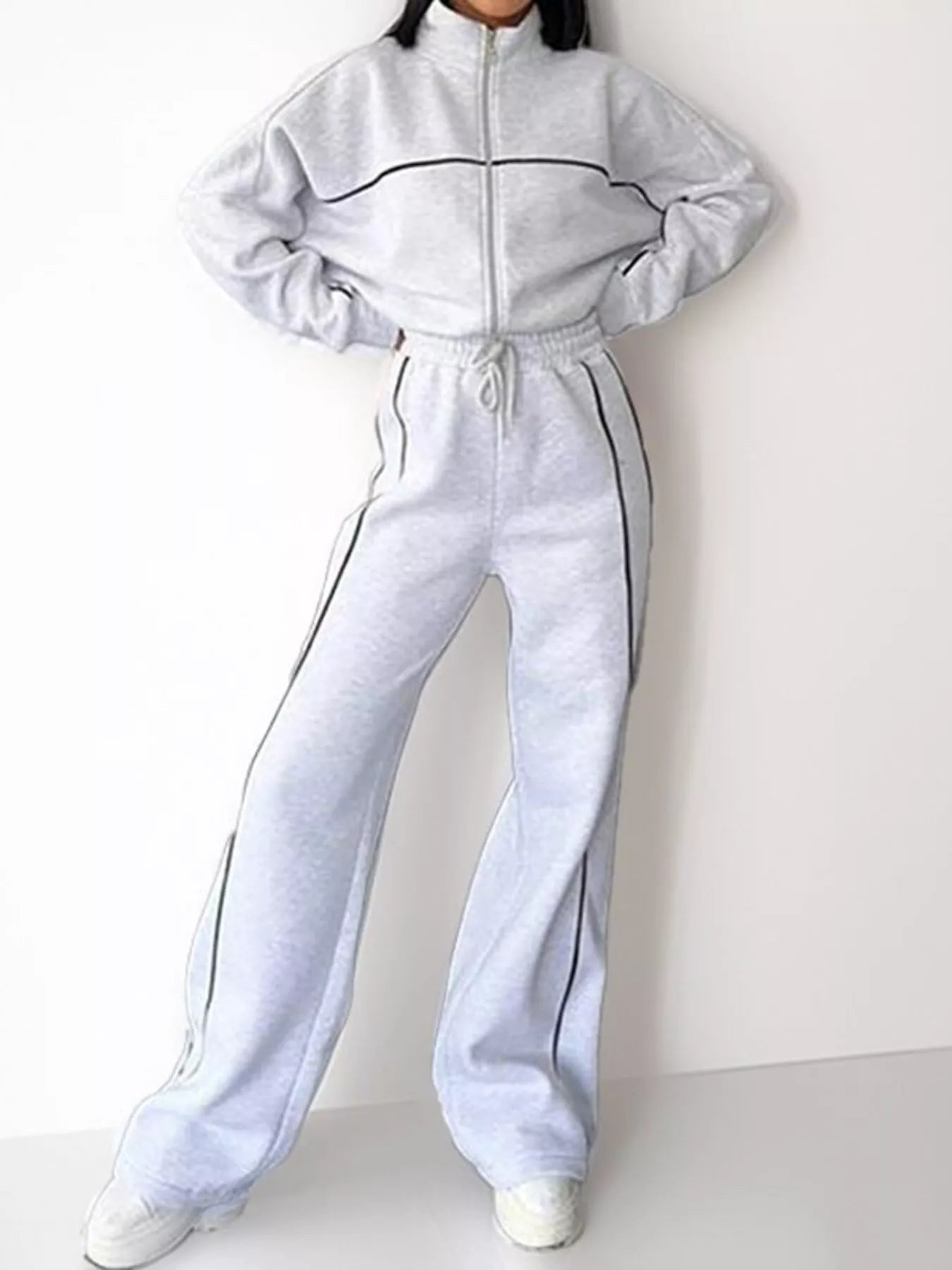 Full Size Zip Up Long Sleeve Top and Pants Set Plus Size Light Gray OutfitFlow