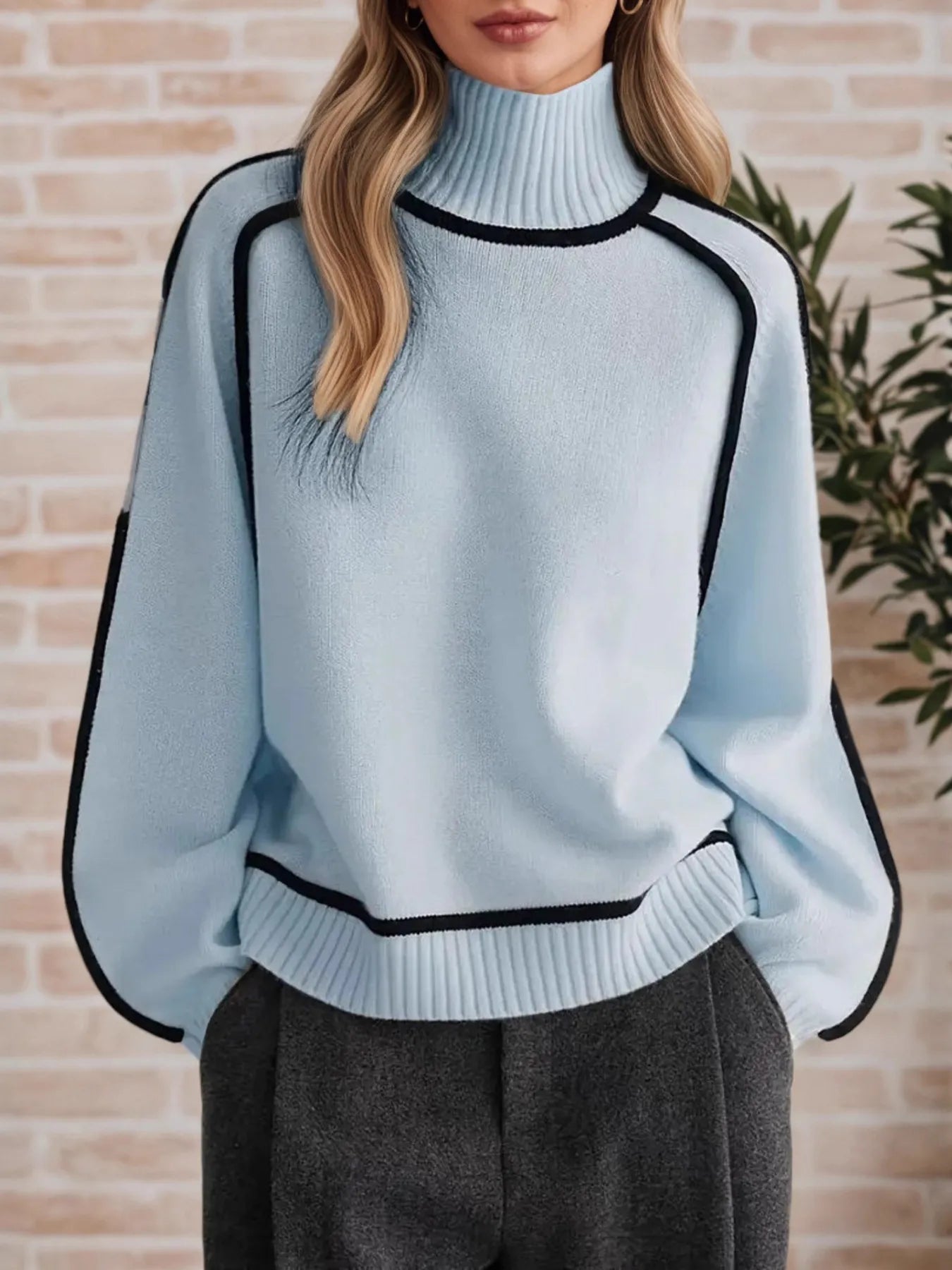 Contrast Trim Turtleneck Sweater Light Blue OutfitFlow