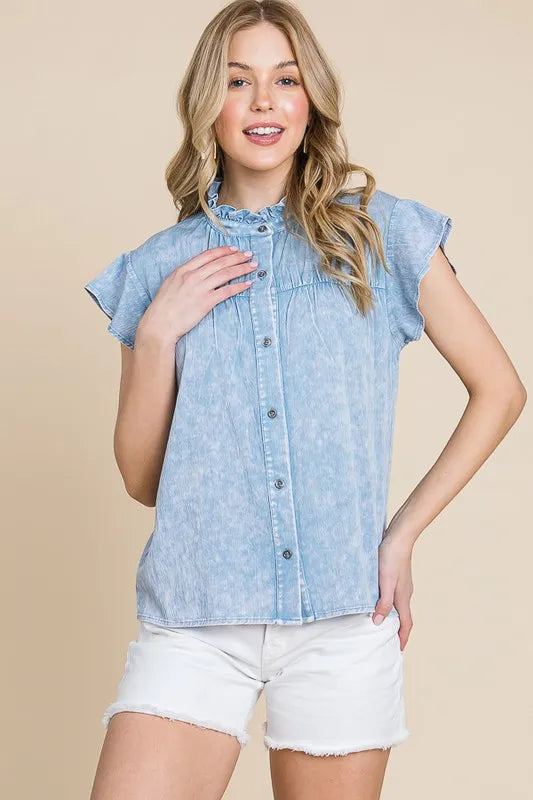Lime 'N' Chili Mineral Wash Flutter Sleeve Button Down Shirt OutfitFlow