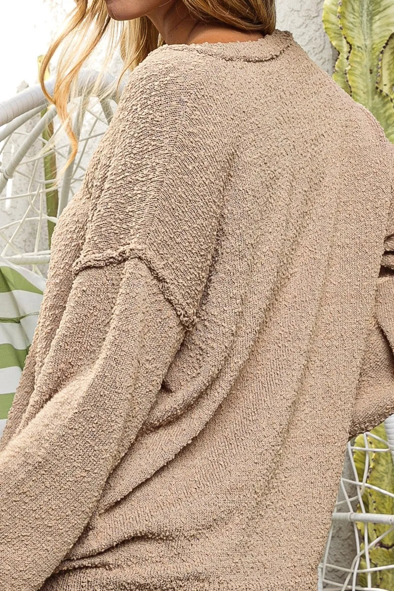BiBi Raw Edged Popcorn Texture V-neck Sweater OutfitFlow