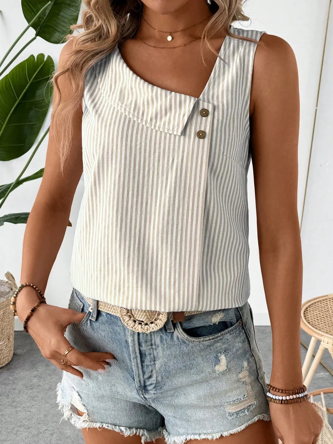 Decorative Button Asymmetrical Striped Tank Beige OutfitFlow